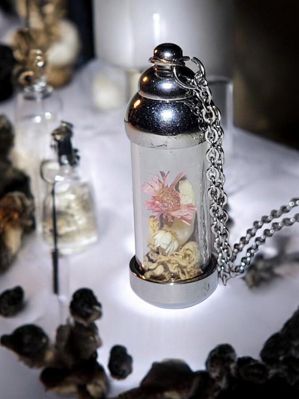 REAL Canine Tooth, Dried Flower, Vial Pendant Necklace - Silver